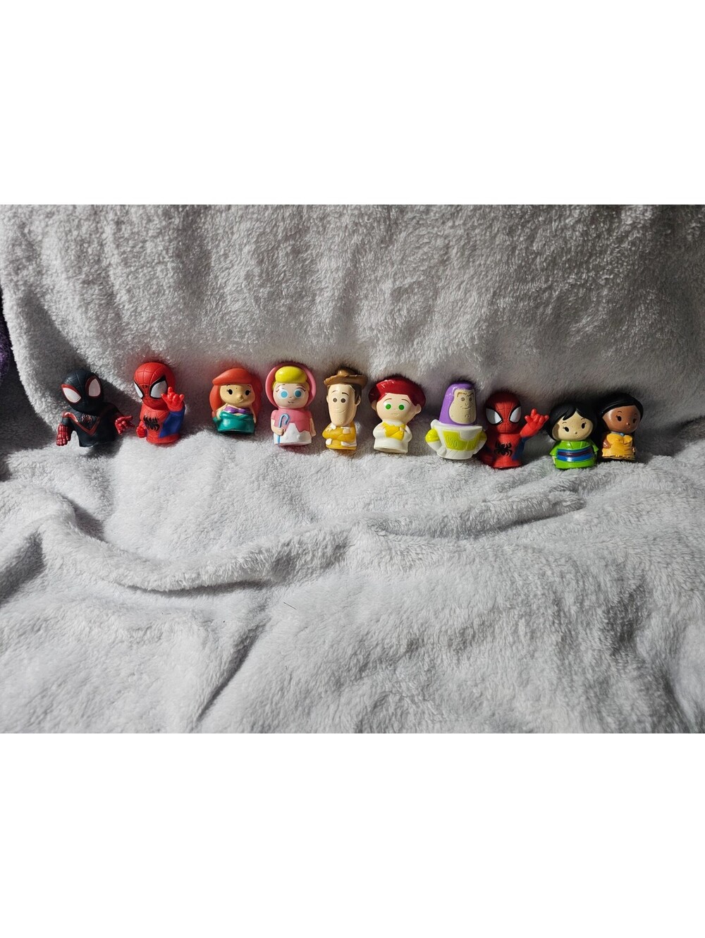 (10pc) Disney & Marvel Finger Plastic Puppets Black Spiderman Woody Ariel Buzz